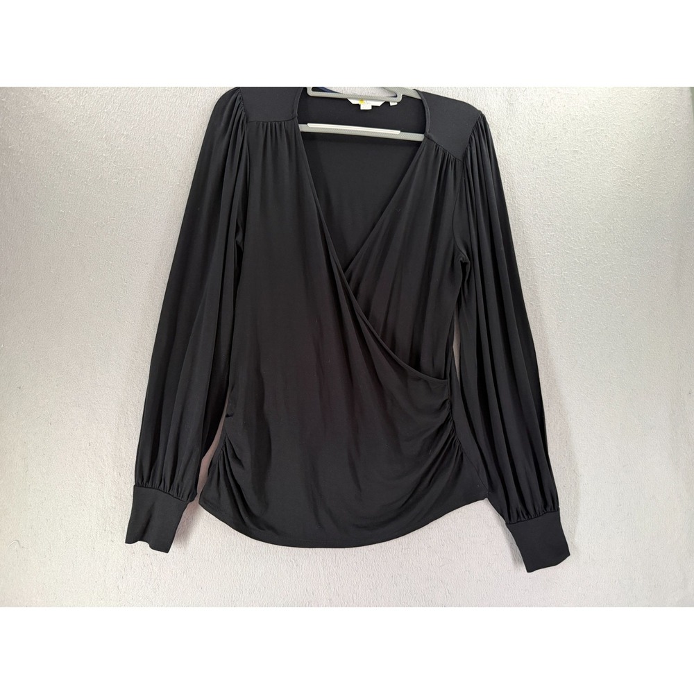 Boden Faux Wrap Top Womens US 12 Black Capsule‎ Minimalist Neutral Romantic Knit